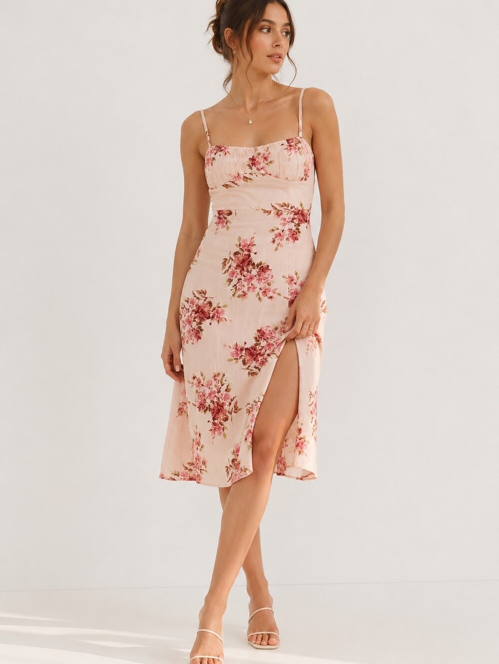 Row.A Pink Floral Coquette Midi Dress Side Slit Sleeveless Romantic Garde Party
